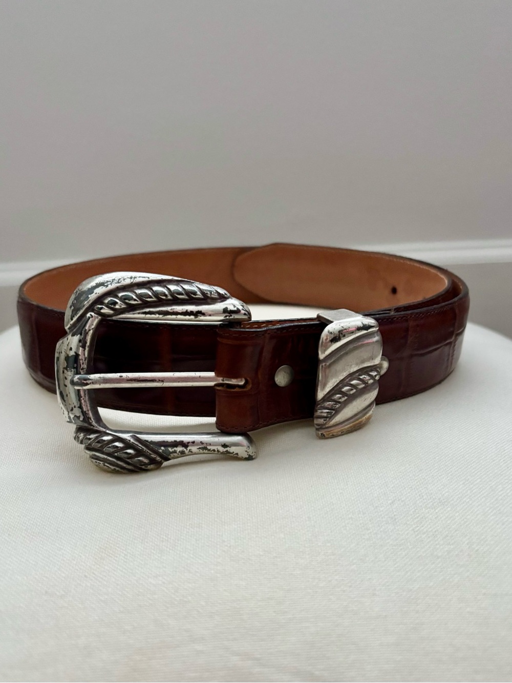 Western Croc Embossed Leather Belt with Silver-Tone Buckle